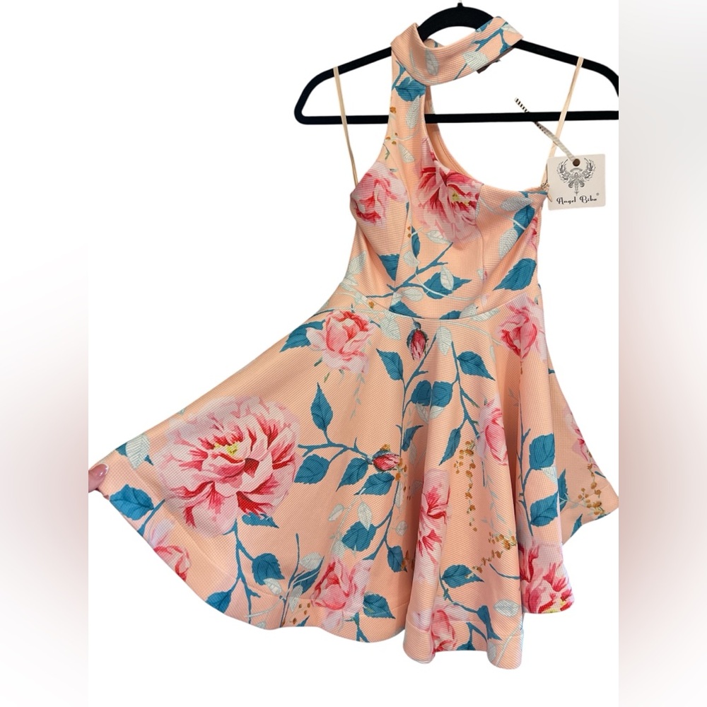 Angel Biba Peach and Blue Floral Sleeveless Midi Dress Sz 6